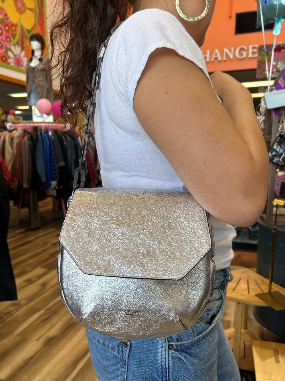 Rag & Bone Silver Leather Sadie Shoulder Bag w/ Gunmetal Chain